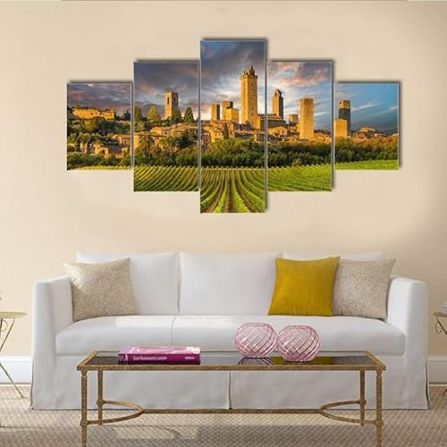 FatAco 5 Paneele Leinwand mit Rahmen Weinberge von San Gimignano in der Toskana Bild Kunstdruck Leinwand Gemälde Wandmalerei Home Office Wohnzimmer Schlafzimmer Dekoration Ready to Hang
