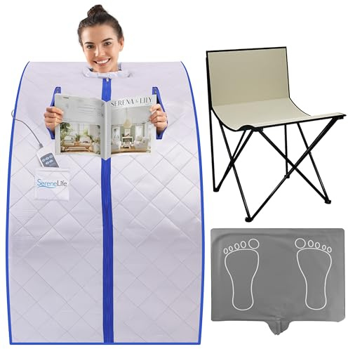 SereneLife Portable Infrared Sauna for Home, Compact Sauna Tent with Heated Foot Pad & Chair, Full Body Personal Spa with Remote Control, Easy Setup & Storage, 140°F Max Heat, 40 x 33 (Silver)
