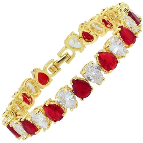 Spectrum 14 vergoldete 6 mm Birnenschliff CZ [simulierter roter Rubin] klassisches Tennisarmband, goldene Armbänder für Damen, Größe 17,8 cm, Schmuckgeschenk für Frauen, Medium, Rot