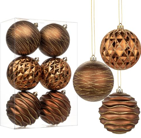 Hollyone 10CM Weihnachtskugeln, 6PCS Weihnachtsbaumschmuck, Bronze Bruchsicher Hängende Ornament für Weihnachtsdeko, Glitzer Weihnachtsbaumkugeln für Party Fest Neujahr