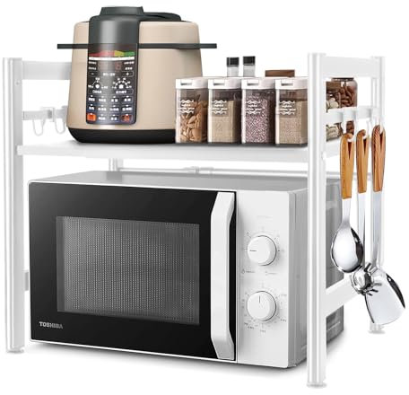 DWDHYEAN Erweiterbares Mikrowellen Regal Küchenregal Stehend Mikrowellenregal Küchenregal Stehend Küchen Organizer mit 6 Haken Organizer für Küchenarbeitsplatten (Weiß)