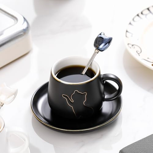 MAGICVOGEL Taza de gato 3D divertida taza de café con platillo y cuchara, borde dorado, regalo para mujeres, niñas, amantes de los gatos, Navidad, cumpleaños (negro)