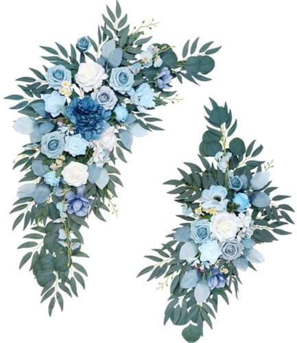 Fouriding Wedding Arch Flowers Swag(Pack of 2),Artificial Roses Swag Flowers for Wedding Ceremony Reception Backdrop Chair Welcome Signs Decoration (Misty Blue)