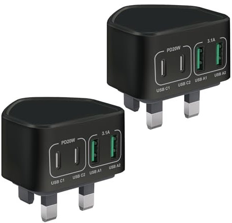 2-Pack USB Plug UK, 40W 4-Port Fast Charger Plug Dual PD Power Adapter+QC Wall Plug, Multiple USB C Plug Fast Charge Multi Type C Charging Plug for iPhone 17 16 15 14 13 12 11 Pro Max, Samsung,iPad