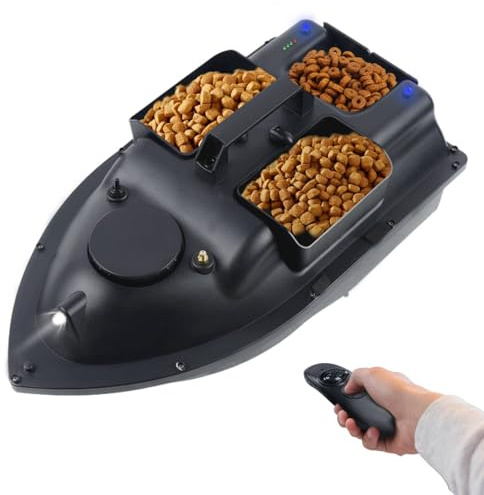 TkkMivcOC Angeln Köderboot 500 m Ferngesteuertes Futterboot mit LED-Licht und 3 Köderboxen (2KG Beladung), Fischköderboot Nachtangeln Köderboot, 5200 MAh Batterie, Schwarz