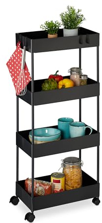Relaxdays Rollwagen, 4 Ebenen, H x B xT: 93 x 40 x 22 cm, 4 Rollen, Badezimmer, Küche, schmaler Beistellwagen, schwarz
