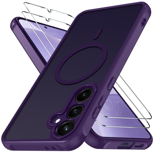 ivoler für Samsung Galaxy S24 5G / S25 5G Hülle, 1 Magnetisch Handyhülle mit 2 Stück Panzer Schutz Glas, [Kompatibel mit MagSafe] [Militärnorm Sturzschutz] Stoßfest Silikon Case Matt Dunkelviolett