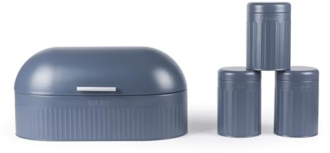 Progress Mellow 4 Piece Kitchen Storage Set – Bread Bin & Tea, Coffee, Sugar Canisters, Powder Coated Blue Finish, Embossed Lettering Countertop Set