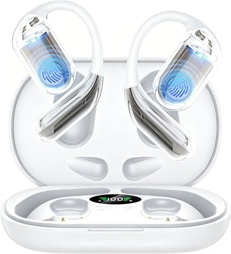 EUQQ Auriculares inalámbricos Bluetooth 6.1 de 90 horas con gancho flexible para la oreja, 4 micrófonos ENC, carga rápida de 1 hora (plata)