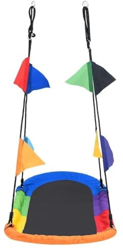 GeenYuu Nestschaukel mit Fahnen 165x70 cm, wetterfestes Outdoor Schaukelgestell mit höhenverstellbarem Seil, robuster Stahlrahmen, bunter Hängesitz für Kinder zum Spielen und Klettern im Garten