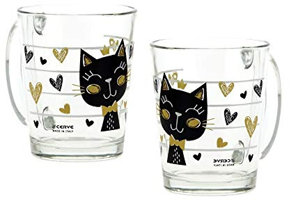 CRISTALICA Glastasse Henkel Becher Kinder Golden Cat 2er-Set 310 ml