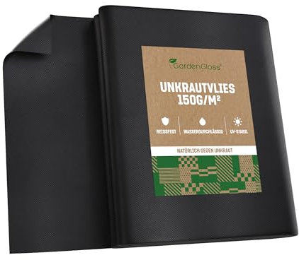 GardenGloss 10m2 Unkrautvlies Gartenvlies 150g/m2 Extra Stark Gegen Unkraut – Extrem Reissfest und Hohe UV-Stabilisierung – Unkrautfolie Wasserdurchlässig (5m x 2m, Gefaltet)