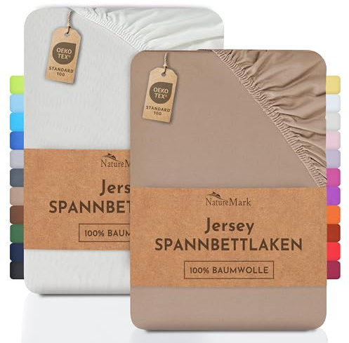 NatureMark 2er Pack Jersey Spannbettlaken, Spannbetttuch 100% Baumwolle in vielen Größen und Farben MARKENQUALITÄT ÖKOTEX Standard 100 (Natur/Sand, 2er Pack 90x200-100x200 cm)