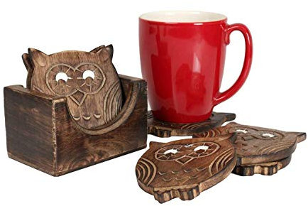 Ajuny Wooden Coaster Holder Set of 6 Circular Owl Shape Botanical Inlay Design for Coffee Mugs Tea Cups Beer Glass Housewarming Gifts Ideas