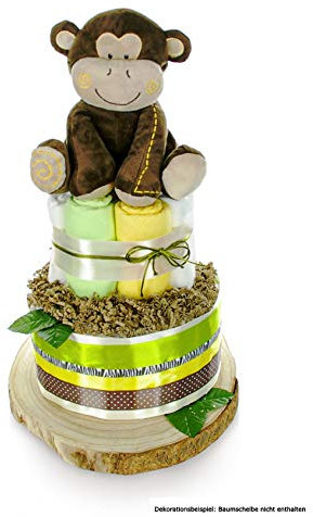 XXL Windeltorte neutral SAFARI BABY | 2-stöckig | AFFEN Spieluhr (Lullaby) | Neutrales Geschenk für Jungen und Mädchen zur Geburt Babyparty Babyshower
