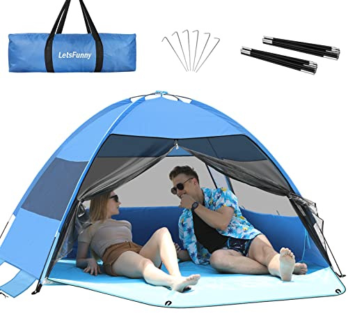 Grande Tente de Plage Facile à Installer, Anti-UV avec Sol étendu et 3 fenêtres enroulables en Maille pour 3-4 Personnes, Tente d'ombrage Portable pour Le Camping et la pêche, Bleu