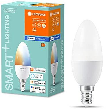 LEDVANCE Smarte Tunable-White LED-Lampe, speziell für Alexa, matte Kerzenform für E14 Sockel, ZERO TOUCH SETUP - einfache Einrichtung per Klick, Lichtfarbe änderbar (2700-6000K), Dimmbar, 40W-Ers.,ZTS