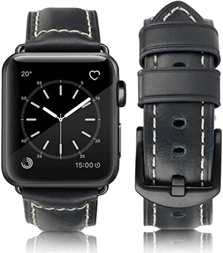 HUAFIY Leder Armband für Apple Watch Armband 49mm46mm45mm 44mm 42mm, Herren Damen Ersatz Original Lederband für iWatch Serie 10/9/8/7 6 5 4 3 2 1 (Blau/schwarze Schnalle, 42mm44mm45mm46mm49mm)