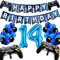Geburtstagsdeko Jungen 14 Jahre, Gamer Deko Geburtstag, Happy Birthday Girlande Banner Deko Junge, Gamecontroller Luftballons Schwarz Blaue Ballons Set für Kinder Videospiel Thema Party Zubehör