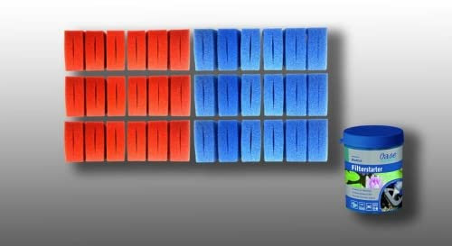 Pondlife Ersatzfilterschwamm Set 36x Filterschwamm Teichfilter kompatibel mit Oase BioTec 36 und Screenmatic, 21,5 x 15,5 x 9 cm, 18x Blau grob und 18x Rot fein, mit Filterstarter Bakterien
