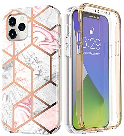 UEEBAI Case for iPhone 12 Pro Max 6.7 inch, Stylish Marble Pattern Full Body Protective Case with Built in Screen Protector Hard Plastic PC Case Soft TPU Shockproof Cover - Pink