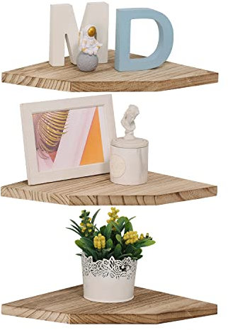 Joiishom Eck-Wandregal, 3er-Set, schwebende Eckregale, rustikale Holz-Wandaufbewahrung, Ausstellungsregale für Wohnzimmer, Schlafzimmer, Badezimmer, Küche (fächerförmig, karbonisiert)