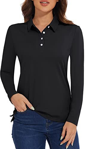 MAGCOMSEN Poloshirt Langarm Damen mit Kragen Sportshirt Atmungsaktiv Funktionsshirt Leicht Wandershirt Polo Langarmshirt, Schwarz XXL
