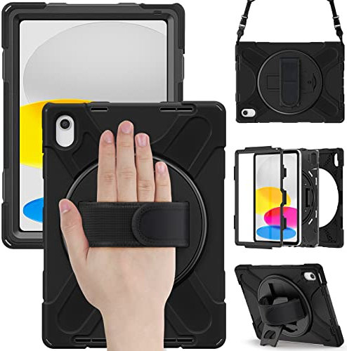 Rugged Schutzhülle für iPad-10. Generation-10,9 Zoll-2022 mit Ständer, Strapazierfähig Stoßfeste Hybrid Hülle Armor mit drehbarem Klettverschluss-Griff, Schultergurt A2757 A2777 A2696 (Schwarz)