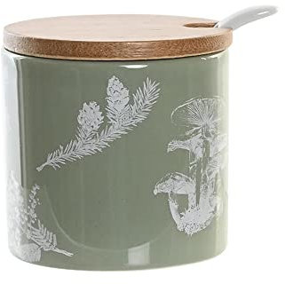 PLUS HOME Azucarero Cocina, Ceramica con Tapa Madera Diseño Modernos.Verde con dibujo 7,5X7,5X7,5cm