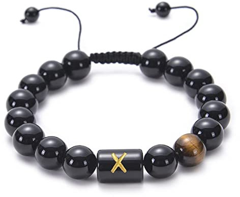 Stfery Armband Buchstaben Perlen, Armband Perlen Herren Onyx Achat Schwarz 10mm Verstellbarer Perlenanfang X 18cm Kristall Chakra Damen