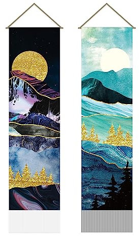 AHANDMAKER Wandteppich, Motiv: Sonne, Mond, Berg, Fluss, Wald, Baum, See, Wandteppich, natürliche Landschaft, ästhetische Dekoration für Wohnzimmer und Schlafzimmer, 130 x 33 cm, 2 Stück