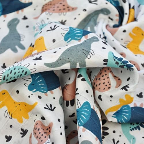 Textrend Baumwollstoff als Meterware - Baumwollmusselin - Stoff zum Nähen - 100% Baumwolle - Textilien 1x1,6m - Animalische Muster (Bunte Dinosaurier auf weißem Hintergrund)