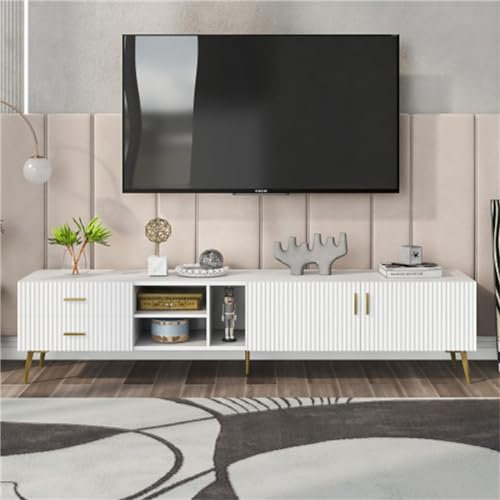 Meuble TV pour TV de 75 - Blanc - 180 x 35 x 41 cm - Avec quatre grandes étagères - Centre de divertissement moderne - Armoire basse - Convient pour le salon et la chambre à coucher