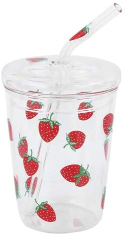 Water Glass Cup, 300ml/10 Oz Clear Glass Drinking Cup Tumbler Drinking Cup with Lid and Straw Drinking Glass Cup Cute Strawberry Mug for Home Office