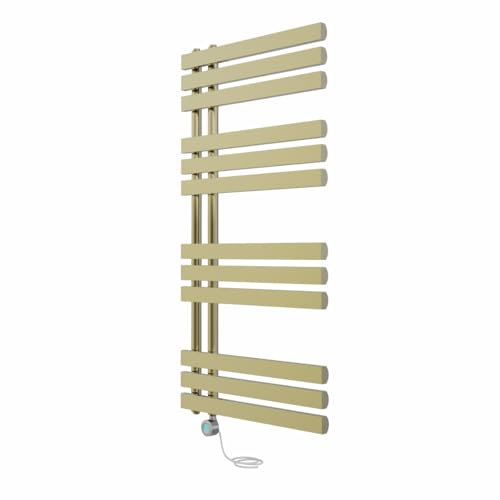 NRG Prefilled Designer Electric Heated Towel Rail Radiator Brushed Brass Bathroom Warmer LCD Screen Thermostatic Heating Element with WiFi 1200x600mm - 700 Watt
