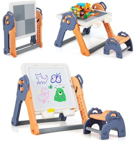 GOPLUS 6 in 1 Kindertisch mit Stuhl, klappbare Kinder Staffelei mit doppelseitiger Tischplatte &102 Bausteine & 4 abnehmbaren Körben, Aktivitätstisch Spieltisch für Kinder 3-8 Jahre