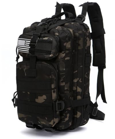 THURAM Rucksack, 20 Liter, strapazierfähiges, wasserdichtes Nylon, Angeln, Outdoor, Militär, taktisch, Sport, Wandern, lässiger Tagesrucksack, Camouflage / Schwarz, 20 Long