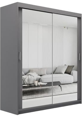 ELUKS SKY Double Sliding Doors Wardrobe with Mirror Drawers Furniture for Bedroom Living Room and Hall Wardrobe Organizer Width 100cm/120cm/150cm/180cm/200cm (Grey, 150cm+ 2 drawers)