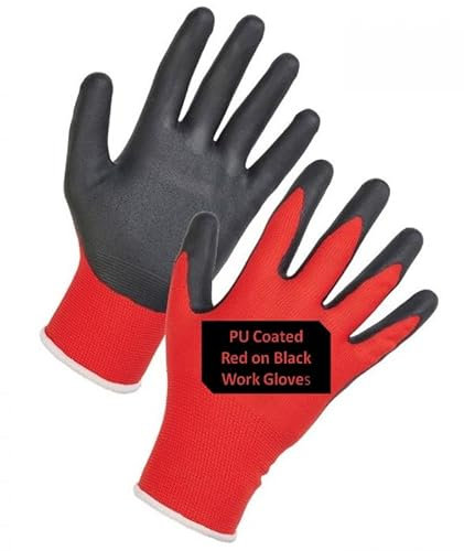 firmsafeT PU Coated CUT 1 Red/Black Handling Safety Work Gloves - 12 Pairs - General handling, Builders Construction, Engineering, Maintenance, Material Handling, Packing Warehouse