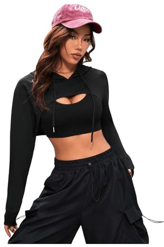 SweatyRocks Damen Crop Hoodie Pullover Sehr Kurz Sweatshirts Langarm Pulli Rundkragen Cut Outs Shirts mit Kapuze Schwarz L