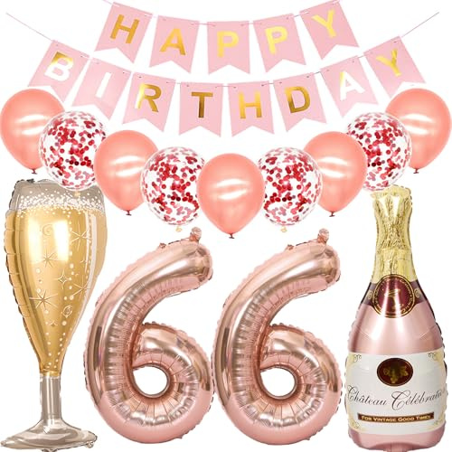 Feelairy Luftballon 66. Geburtstag Deko Frau, Rosegold Folienballon Weinflasche Sektflasche Helium Ballon Champagner Flasche, Girlande Happy Birthday Deko für Geburtstagsdeko 66 Jahre Frauen