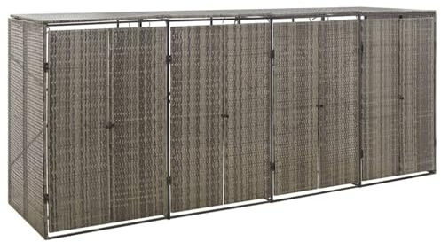 IKAYAA Copri bidoni Spazzatura Esterno 4 posti Bidoni Differenziata Esterno Nascondi bidoni immondizia Esterno Copertura per Bidone in Polyrattan-Grigio-4 Bidoni