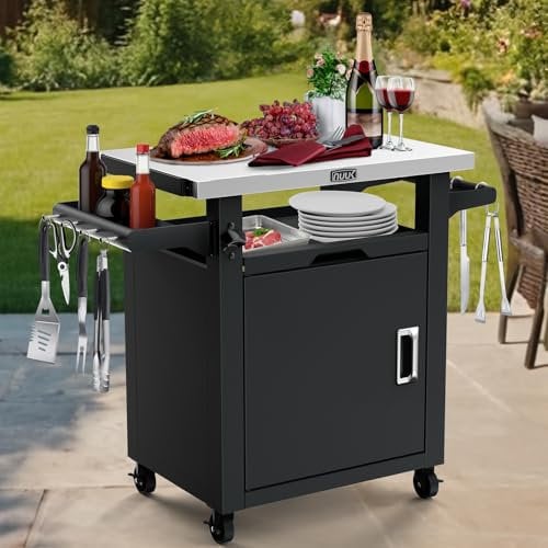 NUUK Grill Carts Outdoor with Enclosed Cabinet and Storage Drawer, Portable Patio Bar Cart with Wheels Stainless Steel Kitchen Storage Island 20 x 30 Rolling Prep Station for BBQ, Deck, Backyard