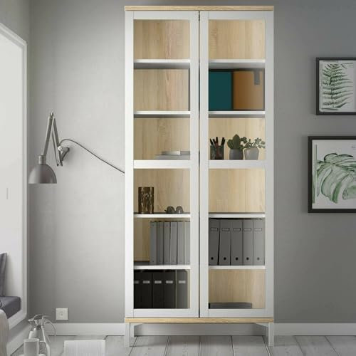 Dmora - Vitrine Lisanne, Glas-Sideboard, Mehrzweckvitrine, Hängendes Bücherregal mit Glastüren, 89x36 h203 cm, Weiß und Eiche