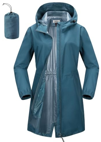 Outdoor Ventures Women's Waterproof Rain Jacket Packable Long Rain Coat | 2-Way Zip, Ladies Lightweight Rainjacket, Packaway Windbreaker, Breathable, Running, Trench Coat Hooded