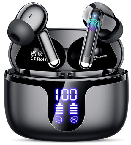 Auriculares Inalambricos Bluetooth Cascos Inalámbricos con HiFi Estéreo,4 Mic con Reducción de Ruido ENC,2025 Bluetooth 5.3,48H Playtime,Impermeable IPX7,Pantalla Pantalla de energía LED.Negro