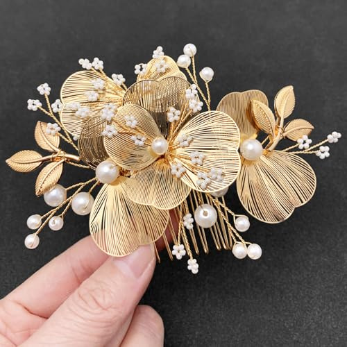 BETITETO Gold Flower Hair Accessories for Bride Wedding Pearl Metal Floral Hair Pieces with Combs for Women Girls
