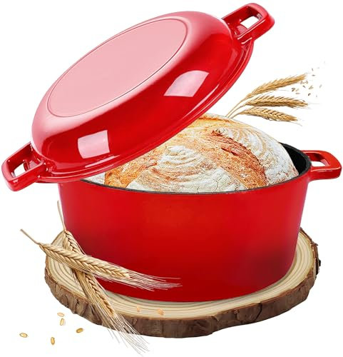 NSIRONS Gusseisen Topf Brot Backen, Bräter mit Deckel, 2in1 Emaille Topf, Idealer 26cm Brotbacktopf, Schmortopf, Brottopf, Gusseisentopf für alle Herdarten, Händler aus Hamburg (Rot)