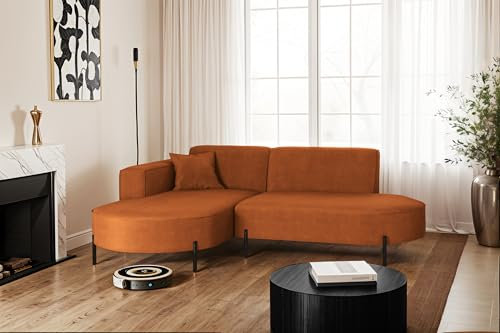Kaiser Möbel - Ecksofa mit Wohnlandschaft, Eckcouch L Form, Polstersofa, Bequemes Couch mit Ottomane für Wohnzimmer, Relaxsofa, Metallfüße, Veloursstoff, Lounge-Set L-Form, Modena Rein, Orange, Links