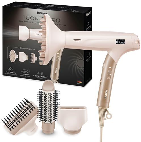 Beurer HC 150 FusionDry Pro Haartrockner, ultraleichter Föhn mit kraftvollem Digitalmotor, ergonomischer Klappgriff ideal für Reisen, Ionenfunktion für glänzendes Haar, inkl. 4 Styling-Aufsätzen